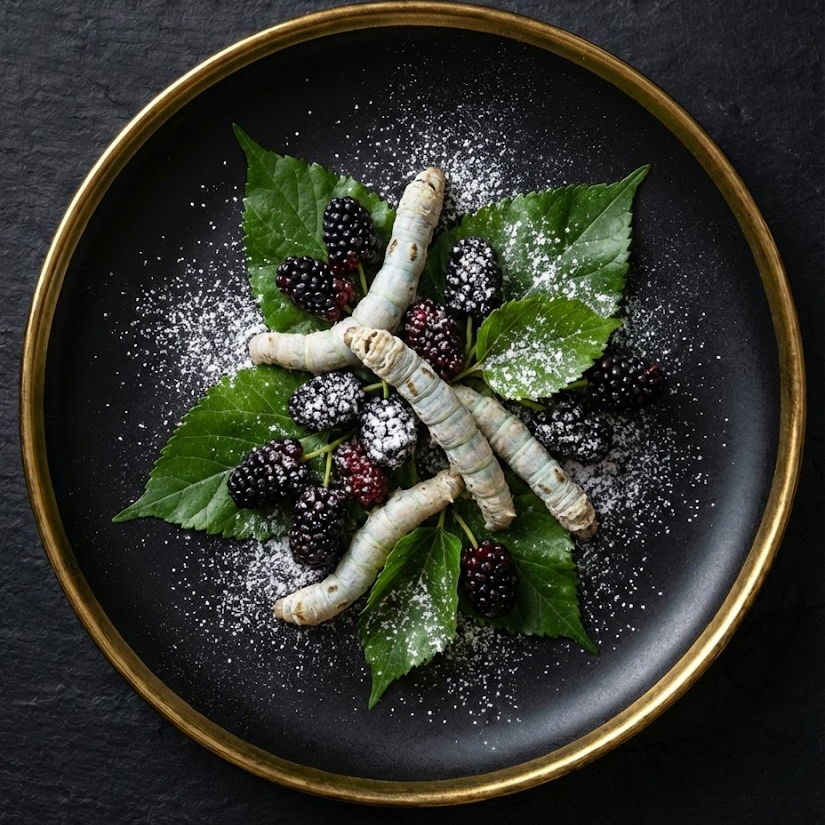 Live silkworms on mulberry leaves