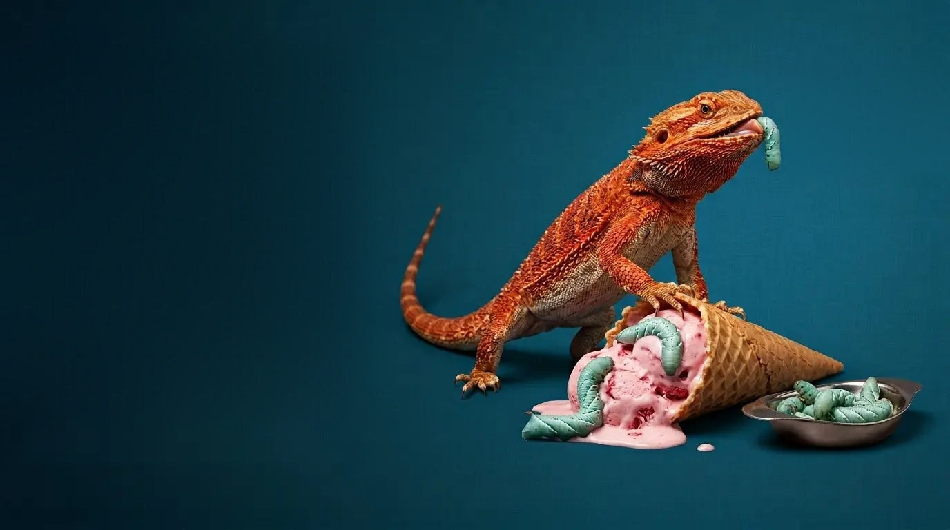 Bearded dragon eating a hornworm from a toppled ice cream cone